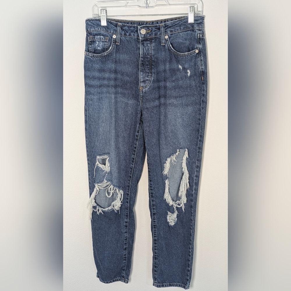 Forever 21 Ripped High Rise Mom Jeans Blue Medium Wash Denim Buttonfly Womens 27